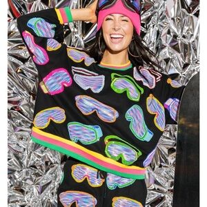 Queen of Sparkles Black Multi Ski Goggle Sport Stripe Sweatpants ONLY SIZE S NIB